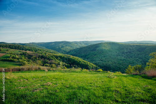 Beautiful spring landscape in the mountains, grassy field and hills. The rural background of the beautiful countryside is sunny in the afternoon © Kate Stock
