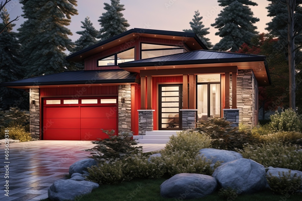 Avant-Garde Layout and Natural Stone Entrance: A Cosmopolitan Home with Red Siding and Single Car Garage, generative AI Avant-Garde Layout and Natural Stone Entrance: A Cosmopolitan Home with Red Siding and Single Car Garage, generative AI