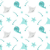 Seamless pattern with cute cartoon sea animals. Pattern with sea elements for kids clothes, pajamas, t-shirt, diapers. Cover for note, book. Vector illustration for textile, cloth, fabric.