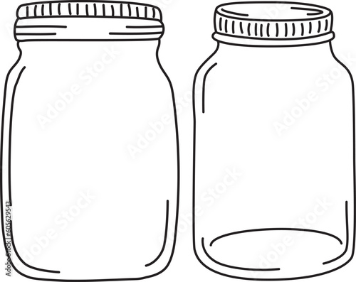 Set of two hand drawn mason jar. Contour sketch. Vector doodle illustration
