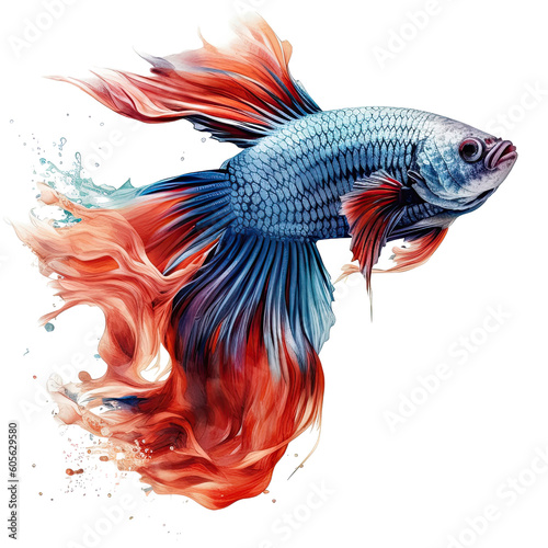 siamese betta fish with beautiful tail illustration Watercolor isolated on white transparent background, PNG ,Generative AI