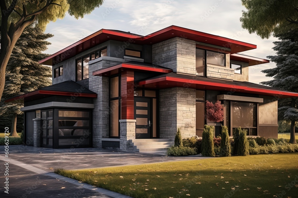 Avant-Garde Layout & Natural Stone Entrance Complement Newly Developed Cosmopolitan Home with Red Siding & Single Car Garage, generative AI