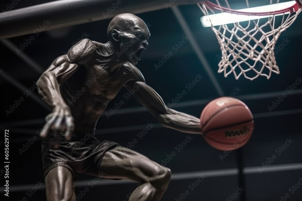 close-up of alien athlete performing spectacular dunk on basketball court, created with generative ai