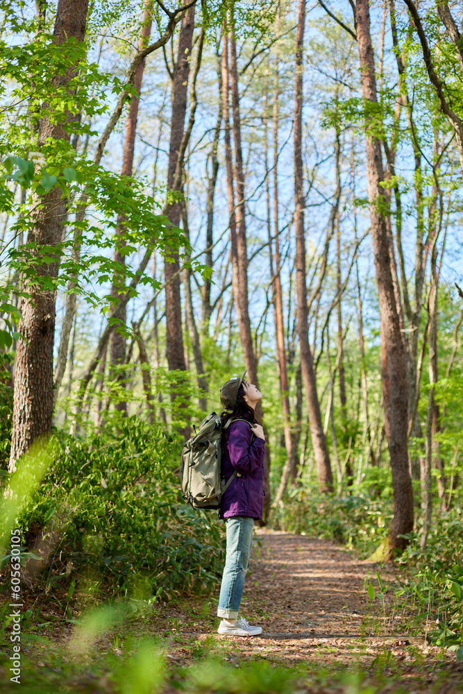 休日の初夏の森でハイキングを楽しむ30代日本人女性