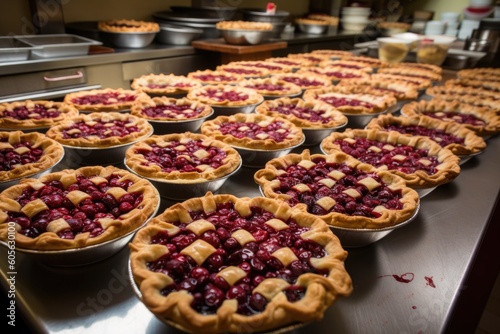piles of cherry pies, ready to be served for weekend celebration, created with generative ai