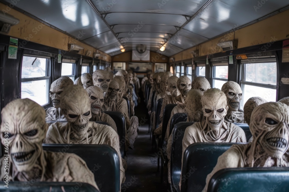 school bus full of alien students, with their strange and otherworldly faces visible, created with generative ai