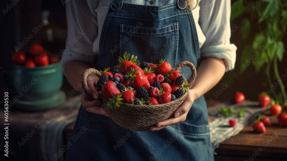 Woman holding fresh berries. Generative AI Woman holding fresh berries. Generative AI