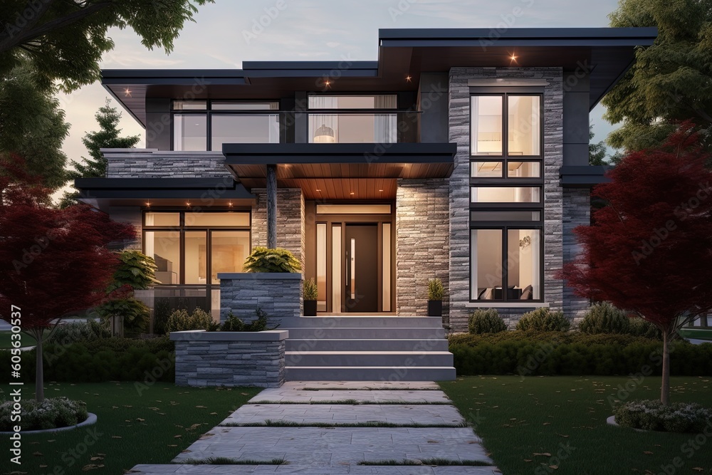 Avant-Garde Layout and Natural Stone Entrance in a Cosmopolitan New Home with Dark Gray Siding and Single Car Garage, generative AI