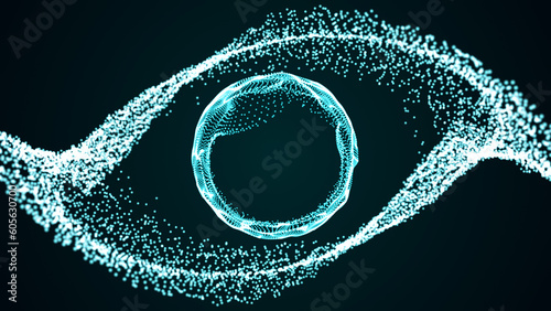 Smooth abstract gradient dynamic wave of many glowing particles with a sphere inside. Network of neon dots. Big data. Digital background. 3d rendering