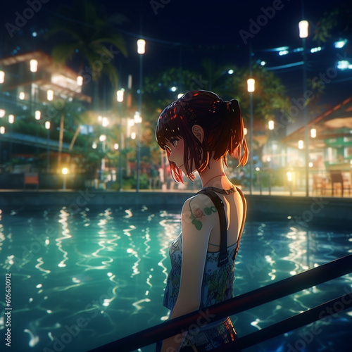 girl, lady, swim wear, pool, resort, night (3) © RonGuuji