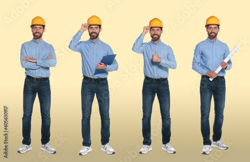 Photos of engineer with hardhat and clipboard on beige background, collage design