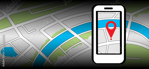 Mobile map with pin pointers. Smart phone, navigation or navigator, maps, road, direction. Pins, points mark. Pointer or point trekking route. track en trace city, street map. Markers, locator, urban.