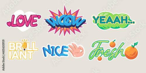 Love wow nice fresh brilliant yeah object set collection drawing illustration sticker doodle cartoon style