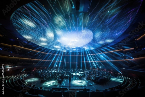 concert hall with rotating light show and dance party atmosphere, created with generative ai
