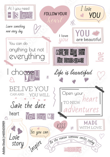 A set of postcard poster designs. Modern motivational phrases with decor. Stickers for scrapbooking or logging with quotes. Isolated vector elements.