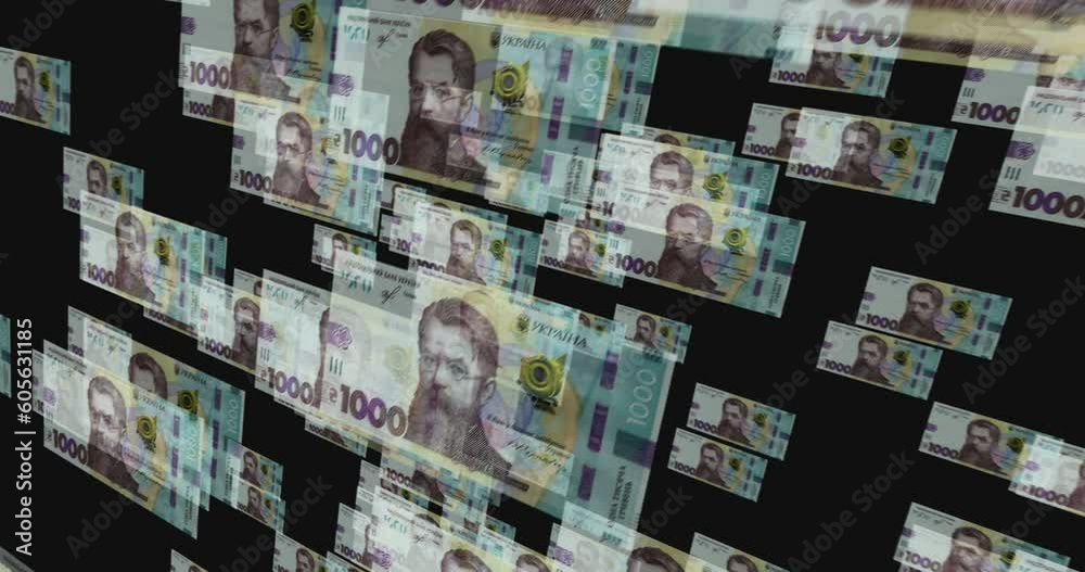 Ukrainian Hryvnia 1000 UAH banknote loop. Flying between transparent money Ukraine note. 3D seamless looped abstract concept of business, economy, finance, crisis and banking. Ukrainian Hryvnia 1000 UAH banknote loop. Flying between transparent money Ukraine note. 3D seamless looped abstract concept of business, economy, finance, crisis and banking.