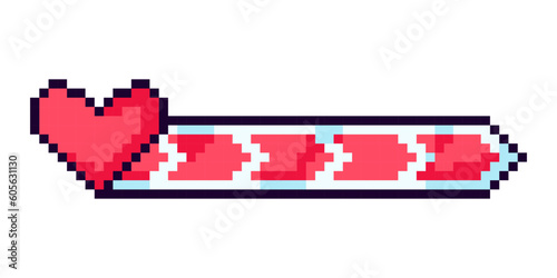 Arcade game progress bar. Pixel progress bar gaming experience for 2D game. 8-bit level indicator of health, life, heart. Isolated vector illustration.