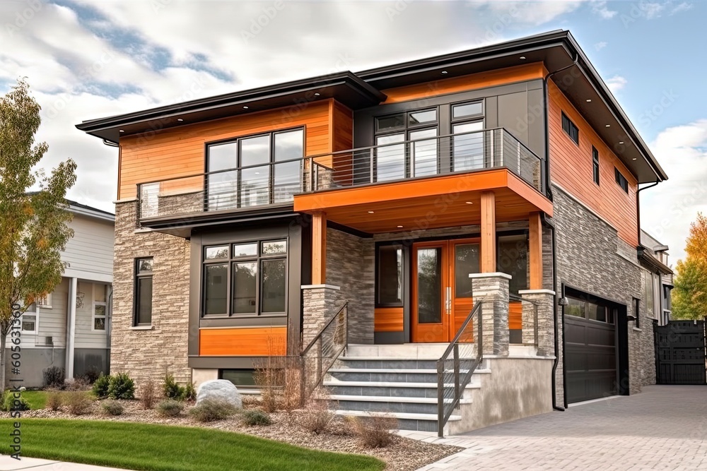 New Development Dwelling Boasting an Innovative Aesthetic with Double Garage, Orange Siding, and Natural Stone Porch, generative AI