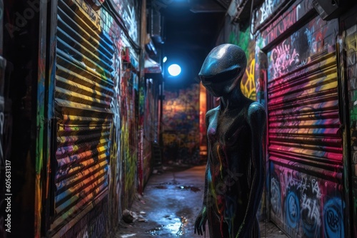 alien figure peeking out of dark alleyway, surrounded by vibrant graffiti, created with generative ai © Natalia