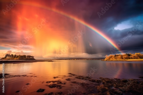 Tranquil landscape with a magical rainbow at sunset. Bright summer wallpaper. An image of an exotic phenomenon. the beauty of the earth. Generative AI