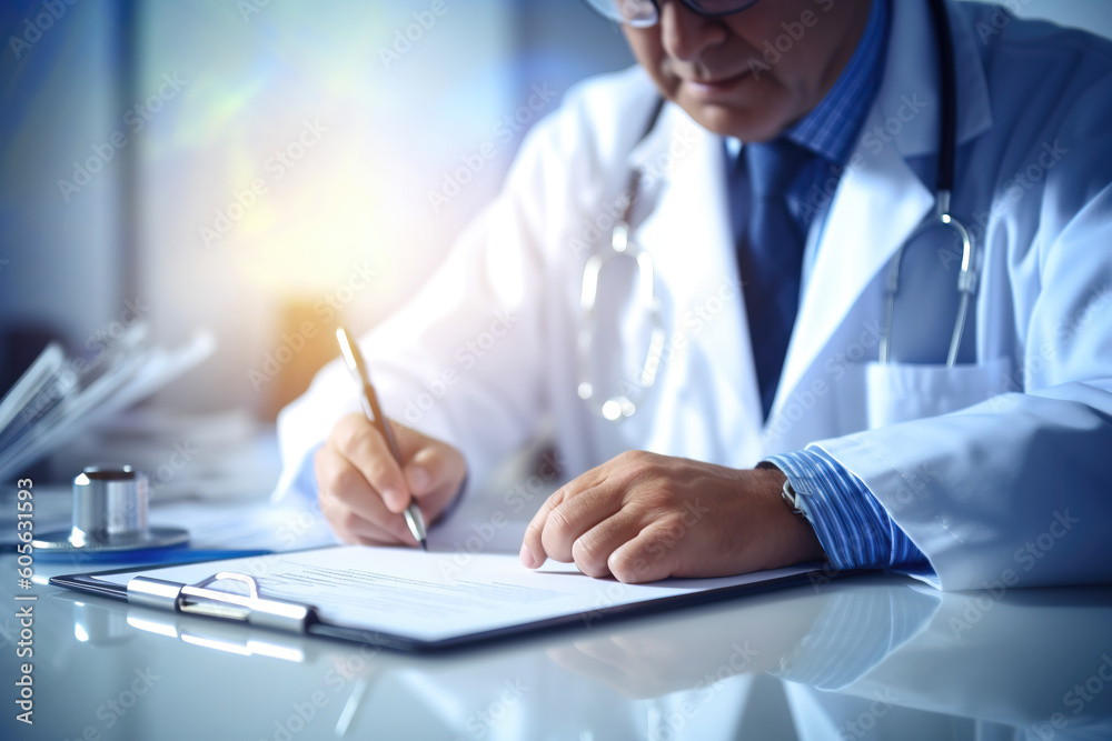 Medical doctor writing a report, documents, health and insurance concept, health care, stethoscope, modern office, generative ai Medical doctor writing a report, documents, health and insurance concept, health care, stethoscope, modern office, generative ai