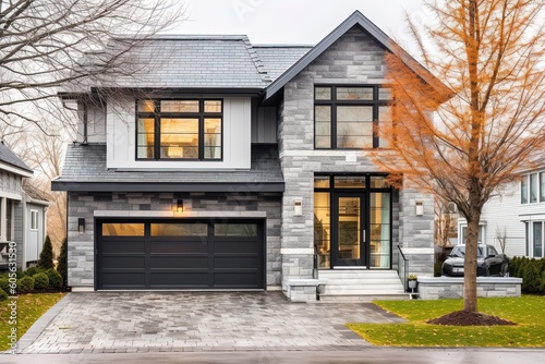 Innovative Aesthetic Meets Functionality: A Double Garage Dwelling with Light Gray Siding and Natural Stone Porch in a Dynamic New Development, generative AI