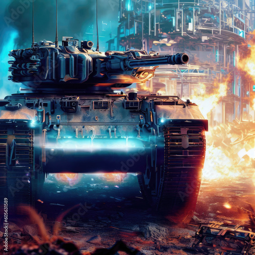 Modern futuristic battle tank with turret and cannon in city center. Generated ai