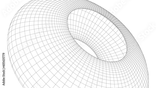 Curved wireframe abstract tunnel. 3D vector wormhole with a mesh structure. Vortex. Vector perspective grid.
