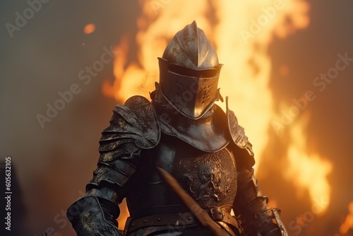 Knights in armor on the battlefield at night after the battle, victory. Everything is on fire