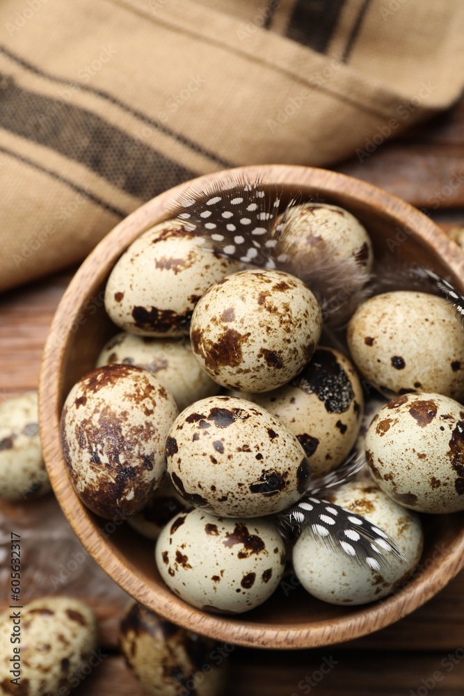 Speckled quail eggs and feathers on wooden table, top view Speckled quail eggs and feathers on wooden table, top view