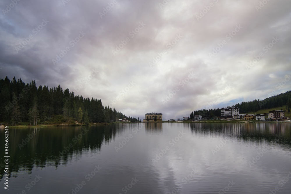 Beautiful landscape of a lake in Dolomites on a cloudy day Beautiful landscape of a lake in Dolomites on a cloudy day