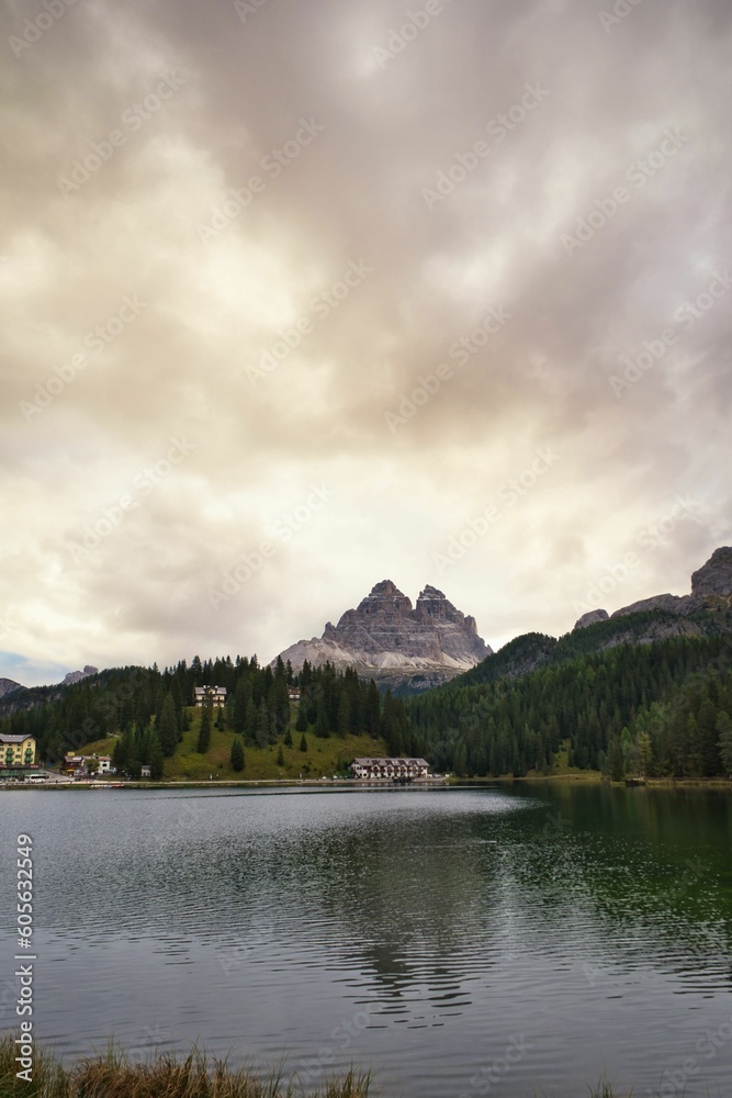 Beautiful landscape of a lake in Dolomites on a cloudy day