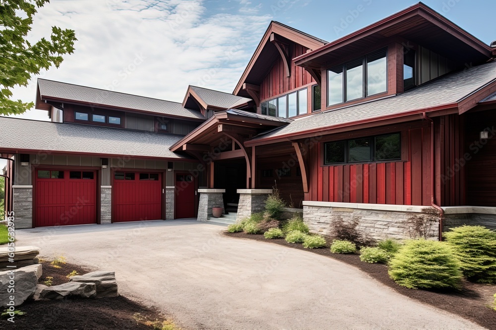 Cutting-Edge Architecture Meets Edgy Freshness: Three-Car Garage, Red Siding, and Natural Stone Accents, generative AI Cutting-Edge Architecture Meets Edgy Freshness: Three-Car Garage, Red Siding, and Natural Stone Accents, generative AI