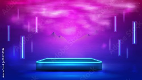Square blue podium for product presentation with line flying lamps around and abstract landscape on background