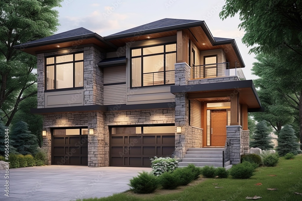 Innovative Features and Natural Stone Entrance: Eye-catching New Development House with Single Car Garage and Beige Siding, generative AI Innovative Features and Natural Stone Entrance: Eye-catching New Development House with Single Car Garage and Beige Siding, generative AI