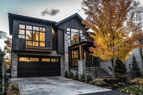 Cutting-Edge Architecture Meets Edgy Fresh Development: A Stunning Property with Three-Car Garage and Dark Gray Siding with Natural Stone Accents, generative AI