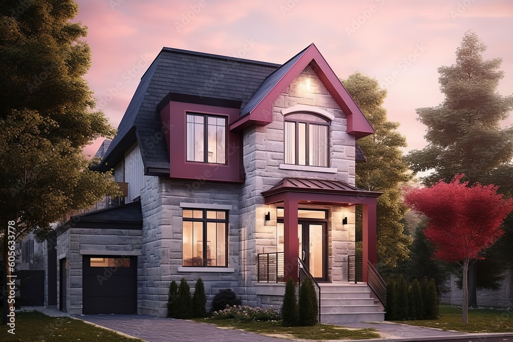 Innovative Features and a Natural Stone Entrance: A Fresh Take on Eye-Catching New Home Design, generative AI