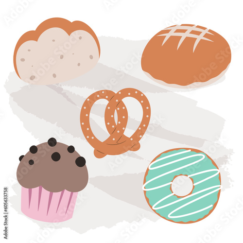 Set vector bread icons. Rye, whole grain and wheat bread, pretzel, muffin, pita , ciabatta, croissant, bagel, toast bread, french baguette for design menu bakery.