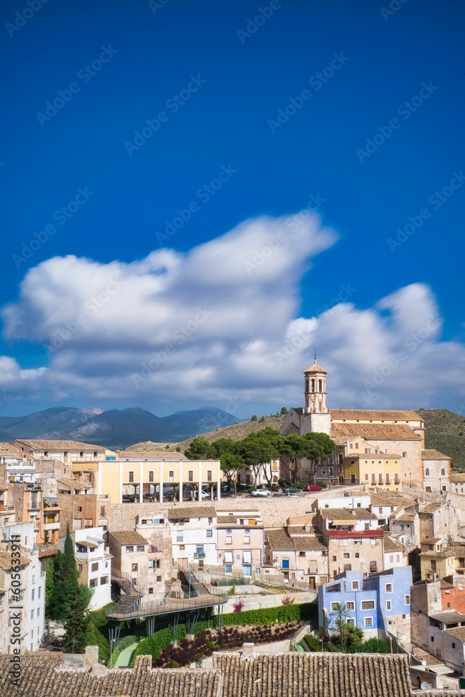 Vertical aerial scenery of the cityscape of Cehegin, Spain