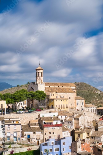 Vertical aerial scenery of the cityscape of Cehegin, Spain