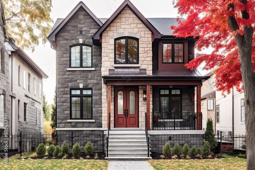 Innovative Features and Natural Stone Entrance: A Stunning New Development House with Single Car Garage and Burgundy Siding, generative AI