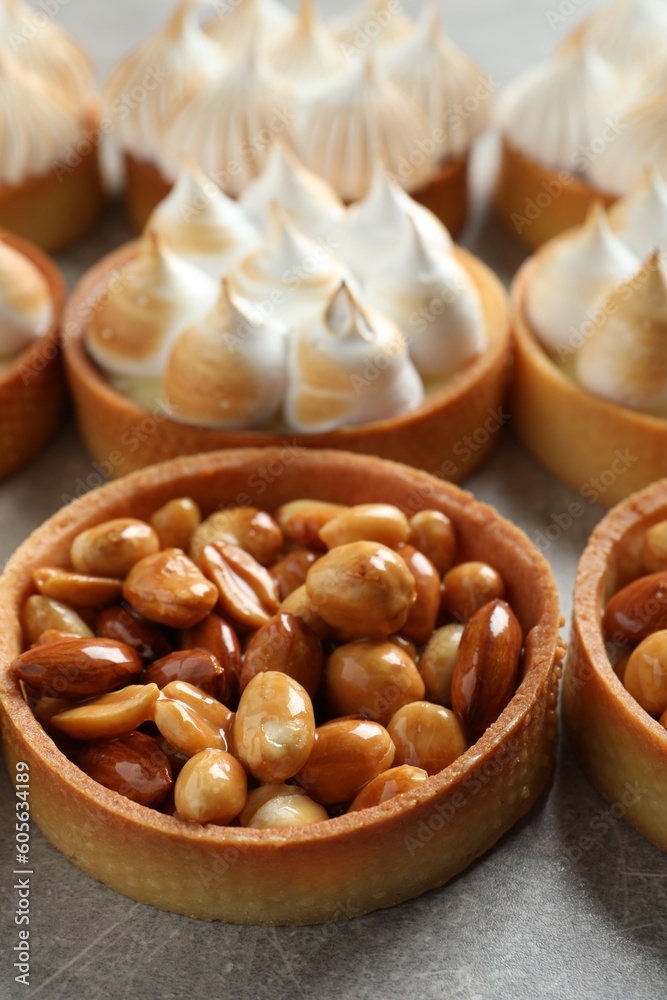 Many different tartlets on light grey table, closeup. Tasty dessert Many different tartlets on light grey table, closeup. Tasty dessert