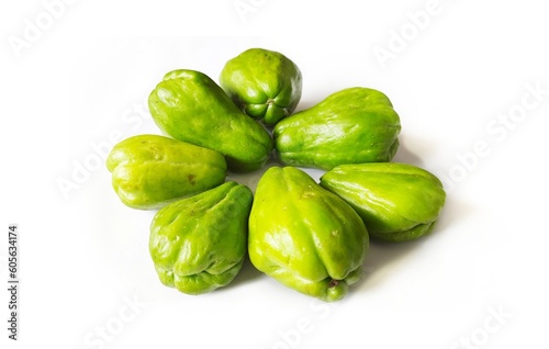 Fresh chayote (Sechium Edule) or labu siam isolated on white background. Chayote vegetable and fruit ready to cooking dishes photo