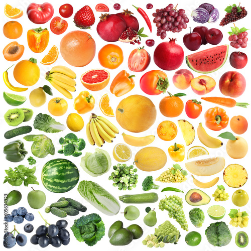 Fototapeta Naklejka Na Ścianę i Meble -  Many fresh fruits and vegetables arranged in rainbow colors on white background, collage