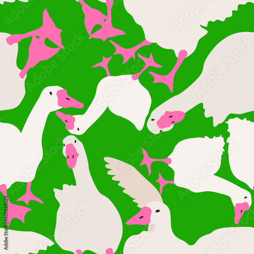 Vector seamless pattern with geese on green background. Cute farm firds. Farming concept.