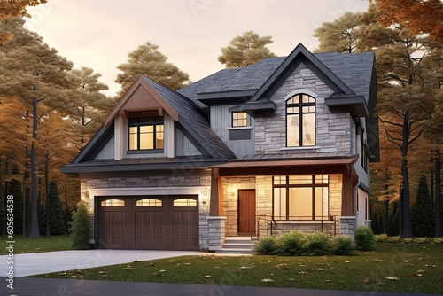 Innovative Features and Natural Stone Entrance Highlight Eye-Catching New Development House with Single Car Garage and Beige Siding, generative AI