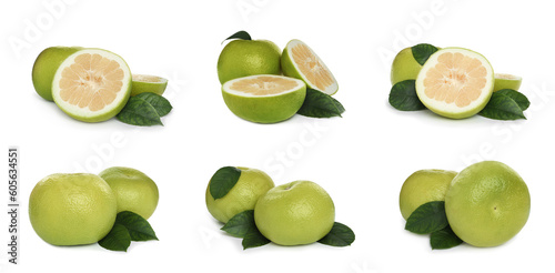 Set with cut and whole fresh sweetie fruits on white background