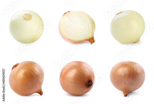 Collage with fresh onion bulbs on white background