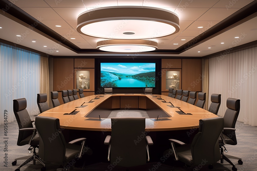 Boardroom with a wide-angle shot of a long conference table - Generative AI