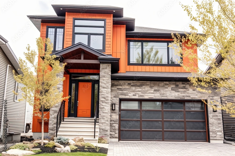 Fototapeta premium Innovative Features and Eye-Catching Design: A New Development House with a Single Car Garage, Natural Stone Entrance, and Burnt Orange Siding, generative AI